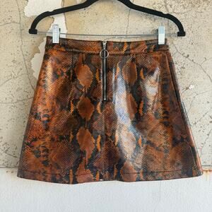 Guess Snake Print Mini Skirt Faux‎ Leather O Ring Zip Brown Black XS Rock & Roll